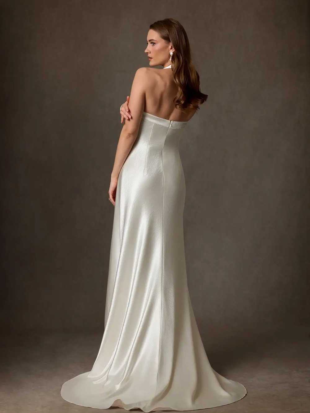 Azazie Ivory Halter Satin Bridal Gown - Picture 2 of 8